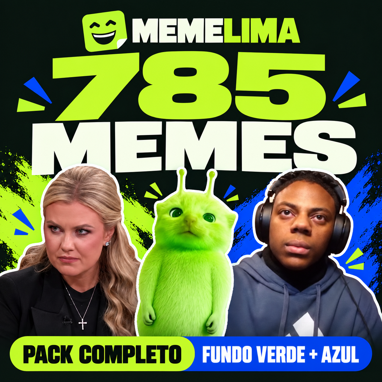 Memelima: pack completo com 785 memes em fundo verde e azul, com personagens de reação.